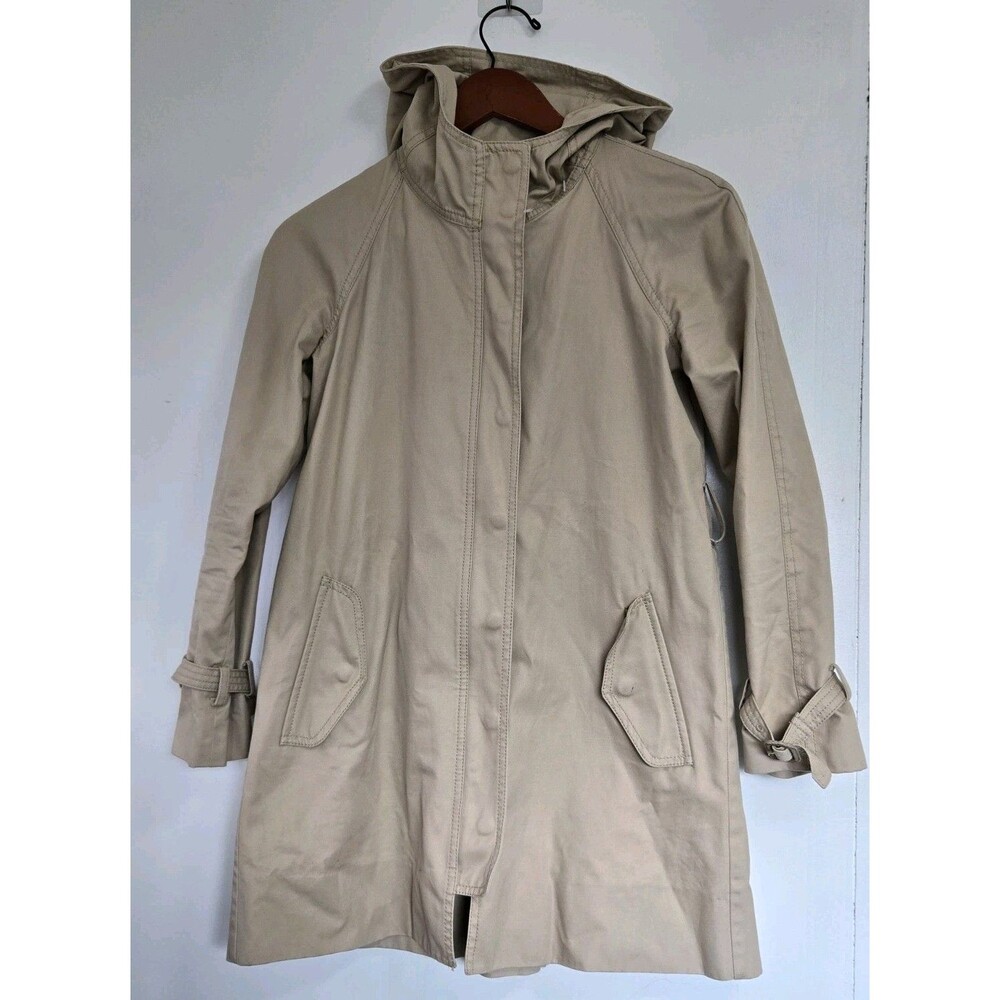 J Crew Jacket Womens 00 Matinee Utility Tan Trench Full Zip Hooded Belted Career